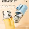 A blue and silver stainless steel litter shovel with a built-in trash can is shown next to a yellow storage container.