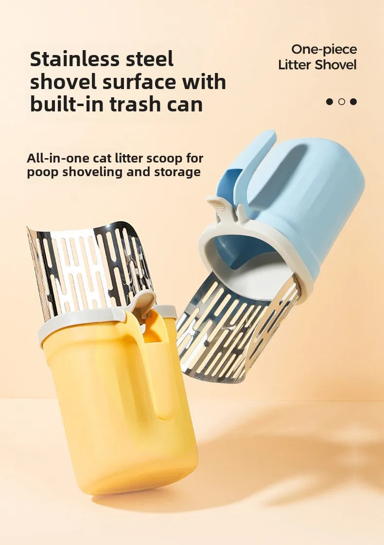 A blue and silver stainless steel litter shovel with a built-in trash can is shown next to a yellow storage container.