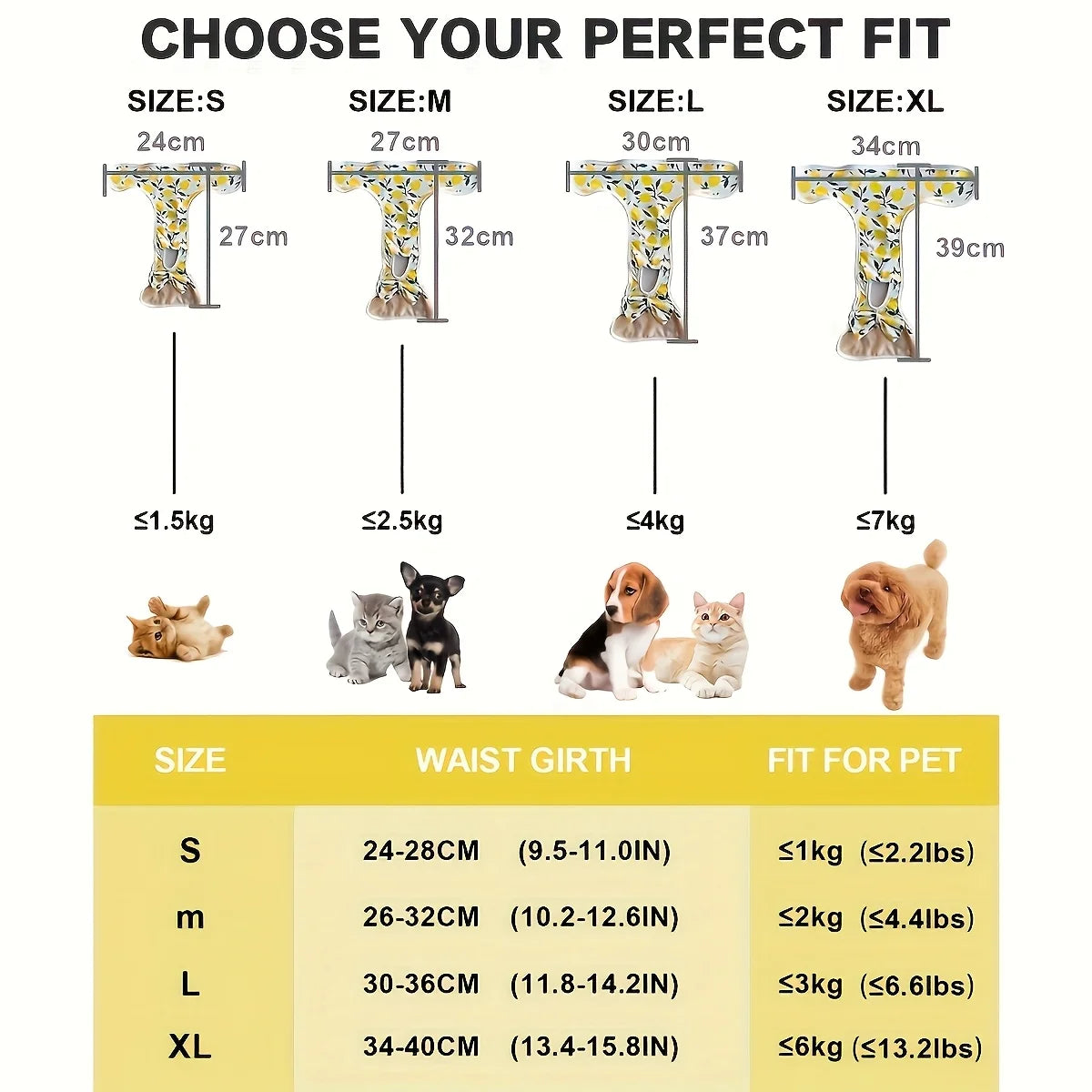 A size chart showing measurements for S, M, L, and XL dog diaper pants with corresponding weight limits.