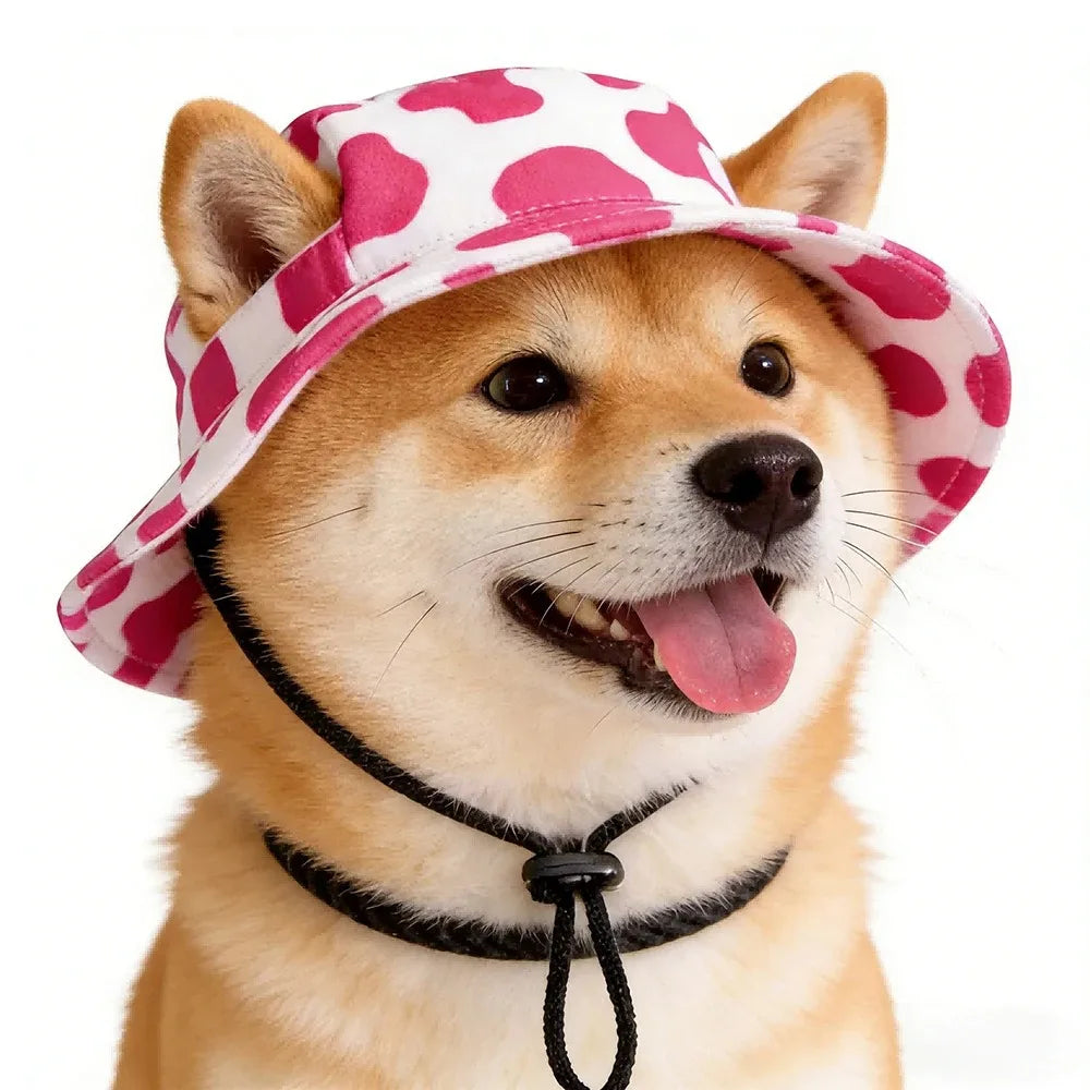 Ein Shiba Inu Hund trägt eine rosa Punkt-Bucket-Hat.