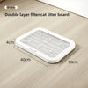 A white double layer filter cat litter board with anti-slip base shown on a wooden floor.