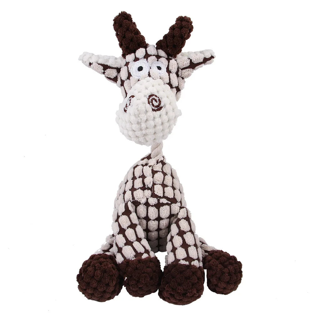 Un juguete masticable para perros de peluche con molares, textura de pelo marrón y blanco.