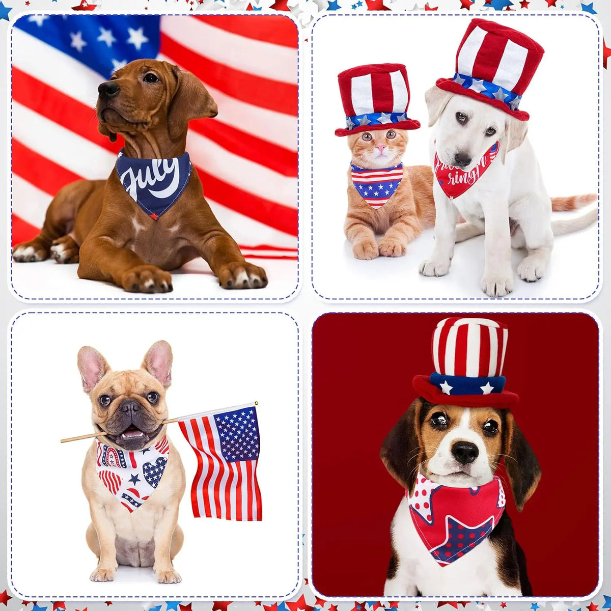 A collection of patriotic dog and cat bandanas featuring American flag designs.