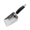 Stainless steel cat litter scoop with a black handle and long handle