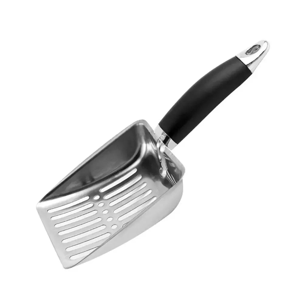 Stainless steel cat litter scoop with a black handle and long handle