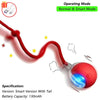 A red interactive rolling cat toy with a flexible tail and blue light, shown in operating mode.