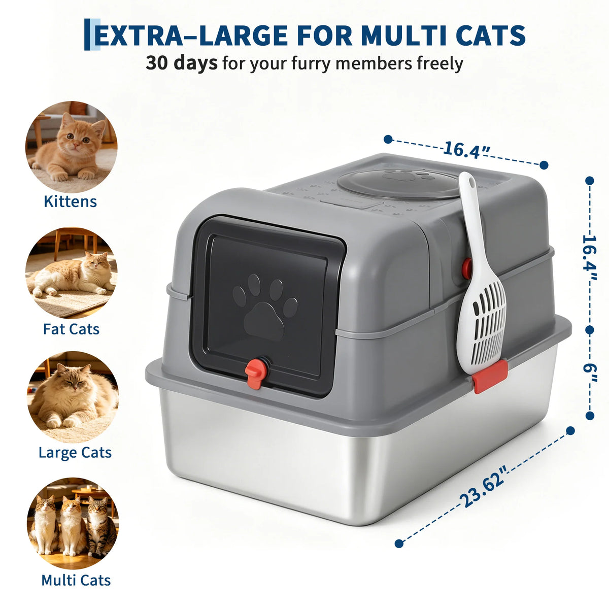 Extra-large stainless steel litter box for multi cats with a removable lid and scoop