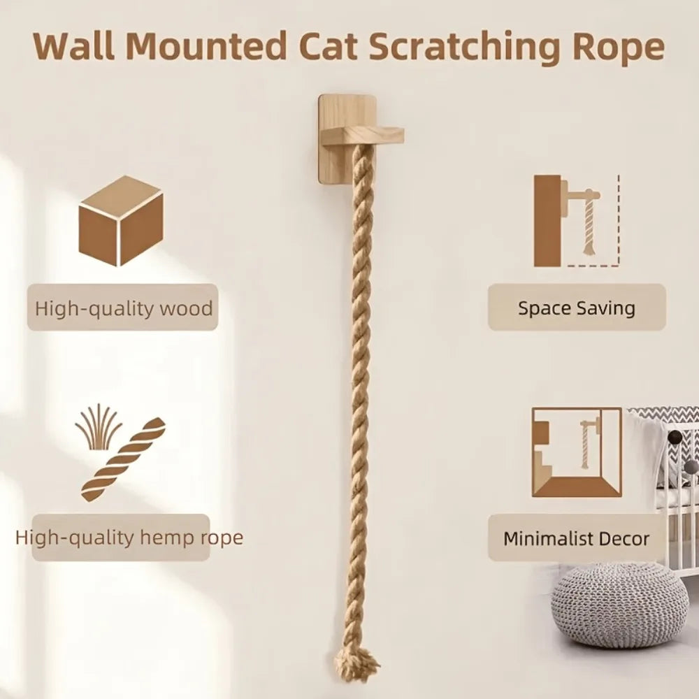A wall-mounted cat scratching rope made of high-quality wood and hemp rope.