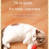 A white cat is playing with a red rolling toy ball on a wooden floor.