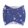 A purple washable belly band for a male dog with paw print designs.