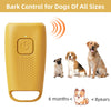 Yellow ultrasonic bark control device for dogs of all sizes, shown next to various dog breeds.