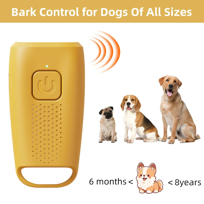 Yellow ultrasonic bark control device for dogs of all sizes, shown next to various dog breeds.