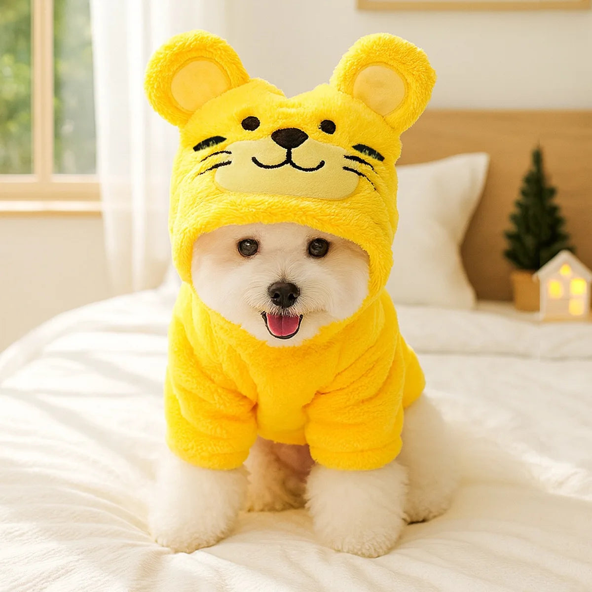 A fluffy yellow seasonal flannel hoodie is worn by a small white dog lying on a white bed.