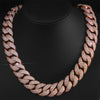 Rose gold plated curved flip buckle Cuban link necklace displayed on a black display stand.