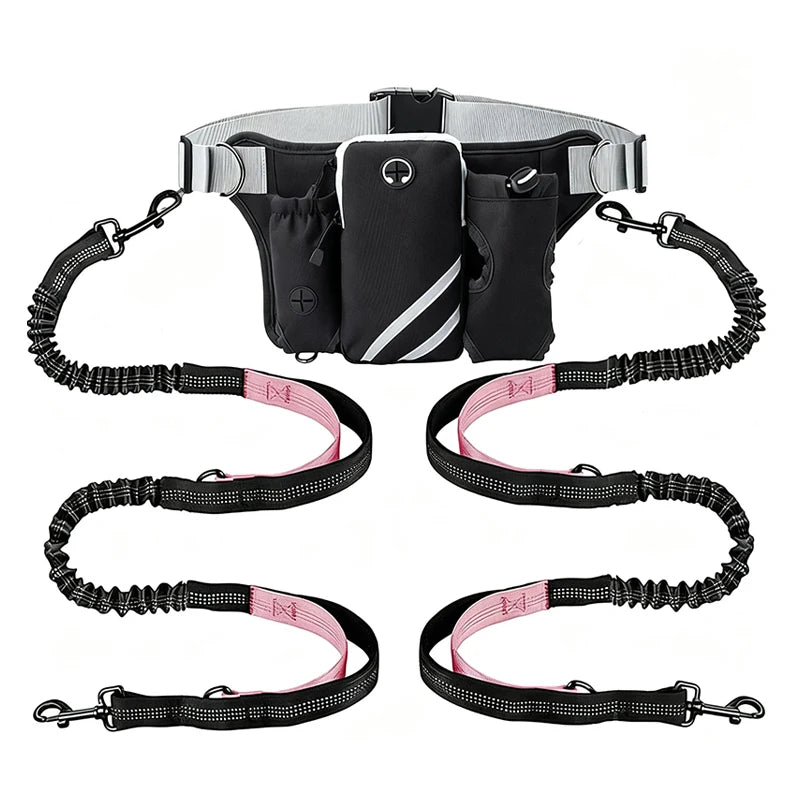 A black and silver hands-free reflective dog leash with storage bag and multiple strap options.
