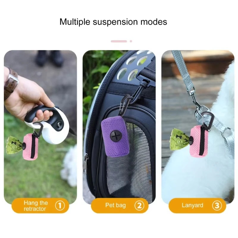 Three methods shown for using reusable dog poop bags: hanging the retractor, using a pet bag, and using a lanyard.