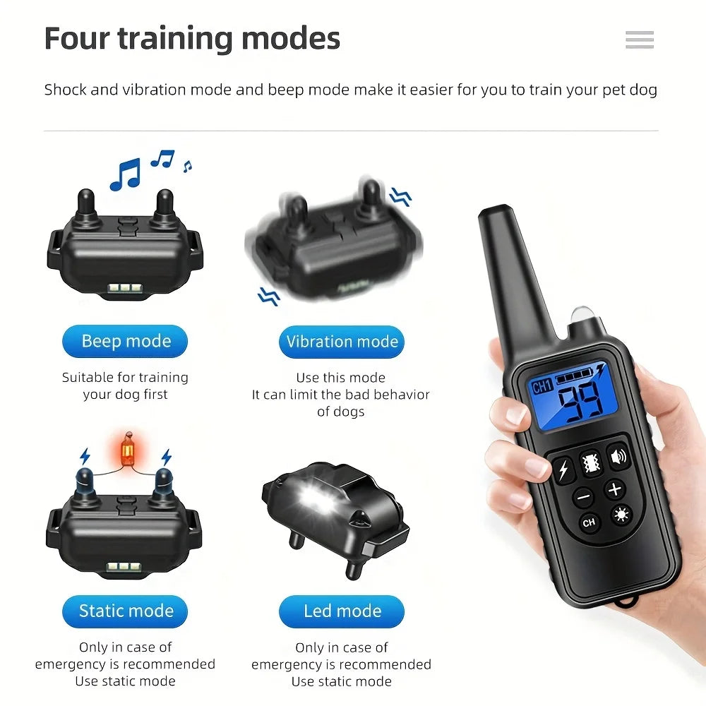 A black waterproof rechargeable dog training collar with a remote and LED light shown next to various training modes.