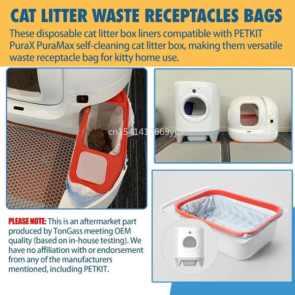 Disposable cat litter waste receptacles bags compatible with PETKIT PuraX and PuraMax self-cleaning litter boxes