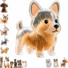 A transparent figurine of a fluffy dog with large ears and a brown coat, shown alongside various small dog figures.