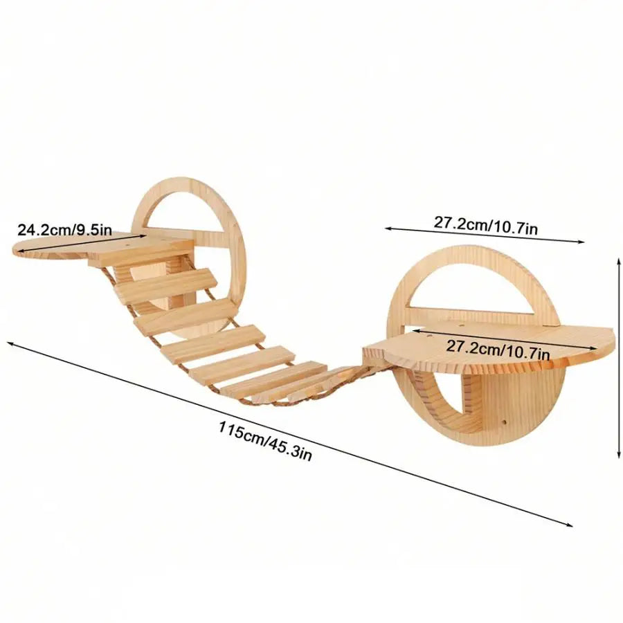 A wooden wall mounted cat climbing shelf and bridge with multiple levels for cats.