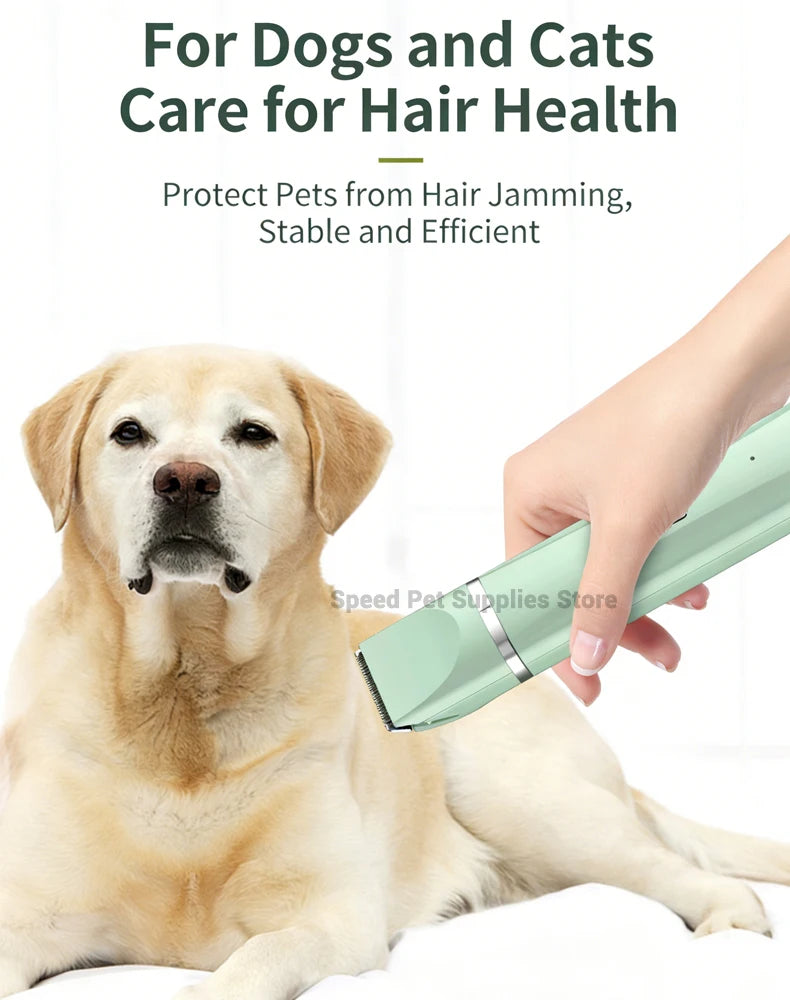 A hand is using a light green pet grooming brush on a golden Labrador dog for hair care.