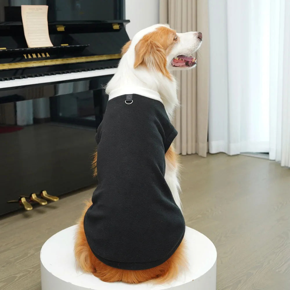 A golden retriever wearing a black fleece tuxedo costume with a bow tie standing on a white pedestal.
