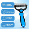 A black pet deshedding rake brush with a blue handle and stainless steel teeth shown next to feature icons highlighting its e