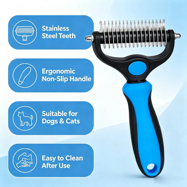 A black pet deshedding rake brush with a blue handle and stainless steel teeth shown next to feature icons highlighting its e
