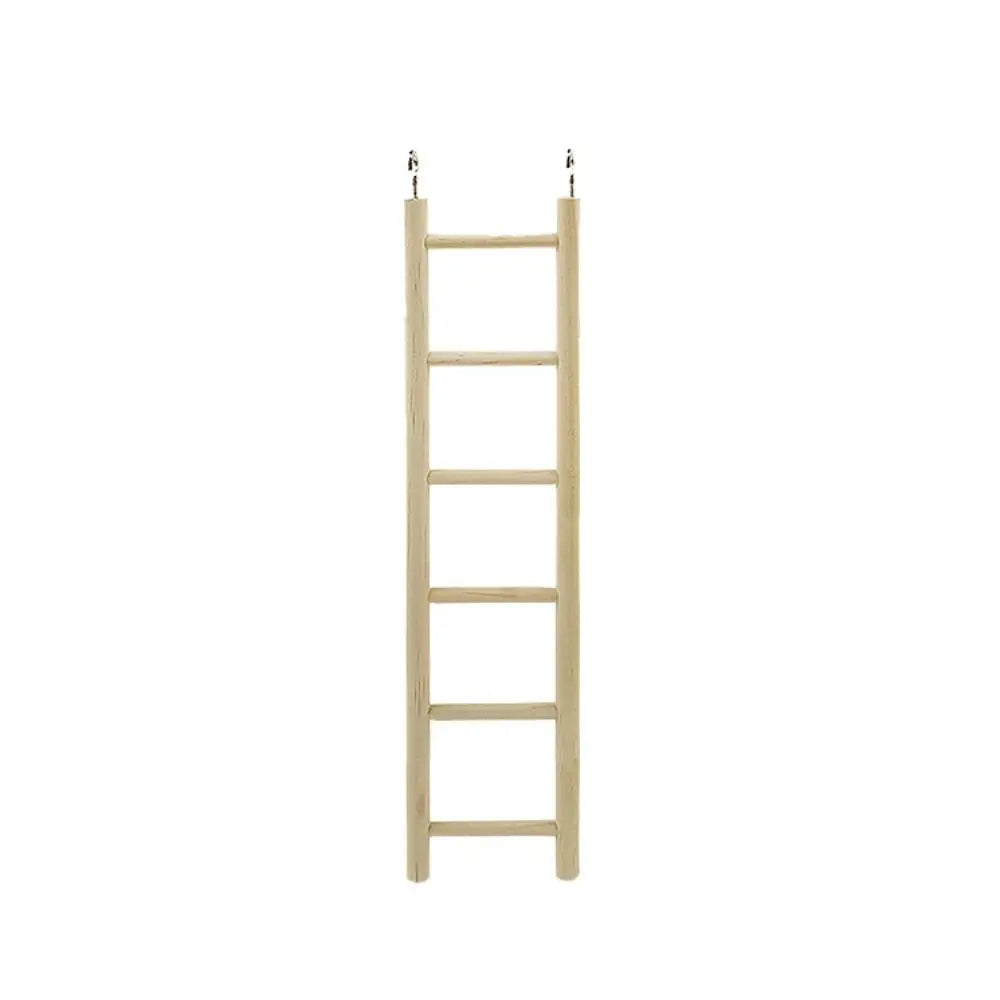 A wooden bird ladder with hooks for climbing and perching.