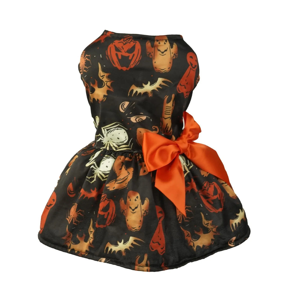 A black fabric dog dress featuring spooky Halloween-themed prints and an orange bow.