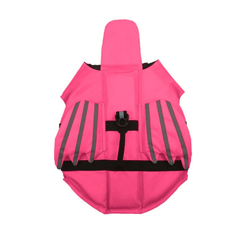 A bright pink adjustable dog life jacket featuring black rescue handles and reflective stripes.