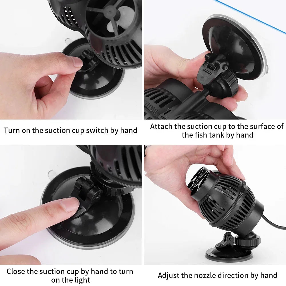 Demonstration of how to attach, close, and adjust the nozzle direction of a suction cup pump for fish tanks