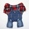 A plaid red and blue denim jumpsuit for a small dog.