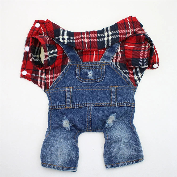 A plaid red and blue denim jumpsuit for a small dog.