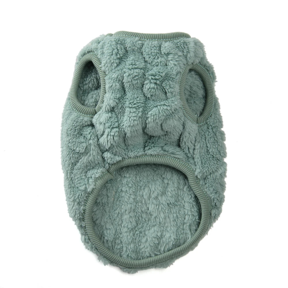 A light blue-green fluffy fleece pullover sweatshirt designed for small dogs and cats.