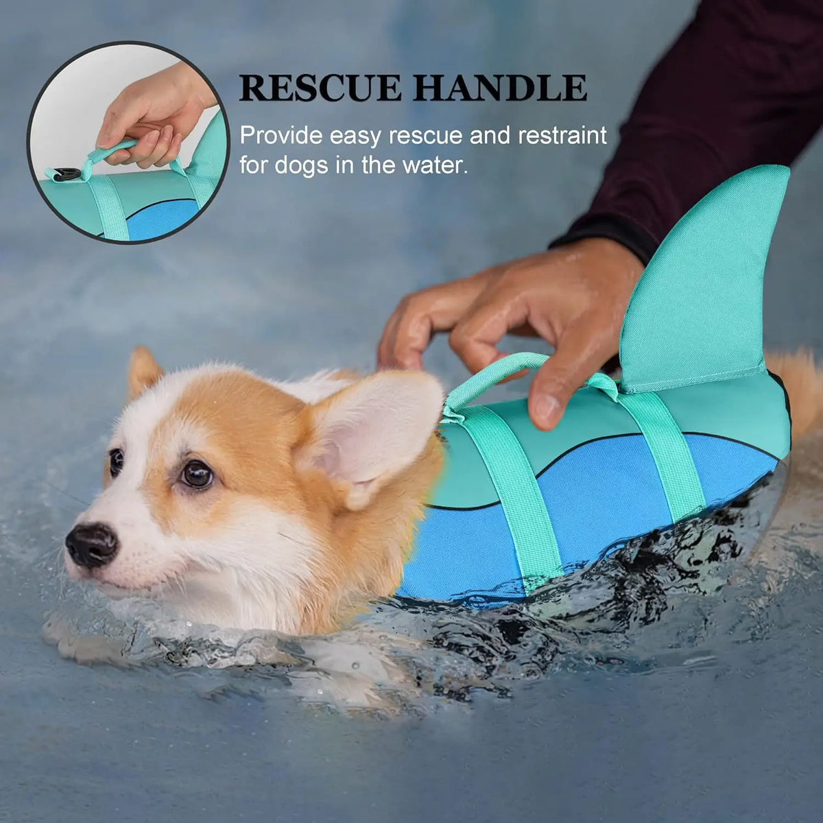 A hand is using a rescue handle on a teal dog life jacket for dogs in the water.