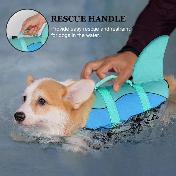 A hand is using a rescue handle on a teal dog life jacket for dogs in the water.