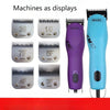 A set of Wahl pet hair clippers with various blade sizes displayed next to the tools.