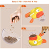 A three-step guide showing how to fill and use an interactive treat dispenser for dogs.