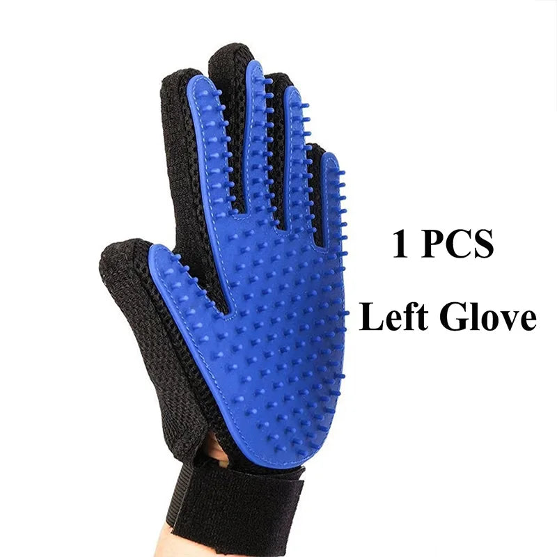 A single blue pet grooming hair remover glove shown on a hand.