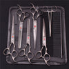 A set of professional stainless steel pet grooming scissors and grooming tools laid out on a black case.