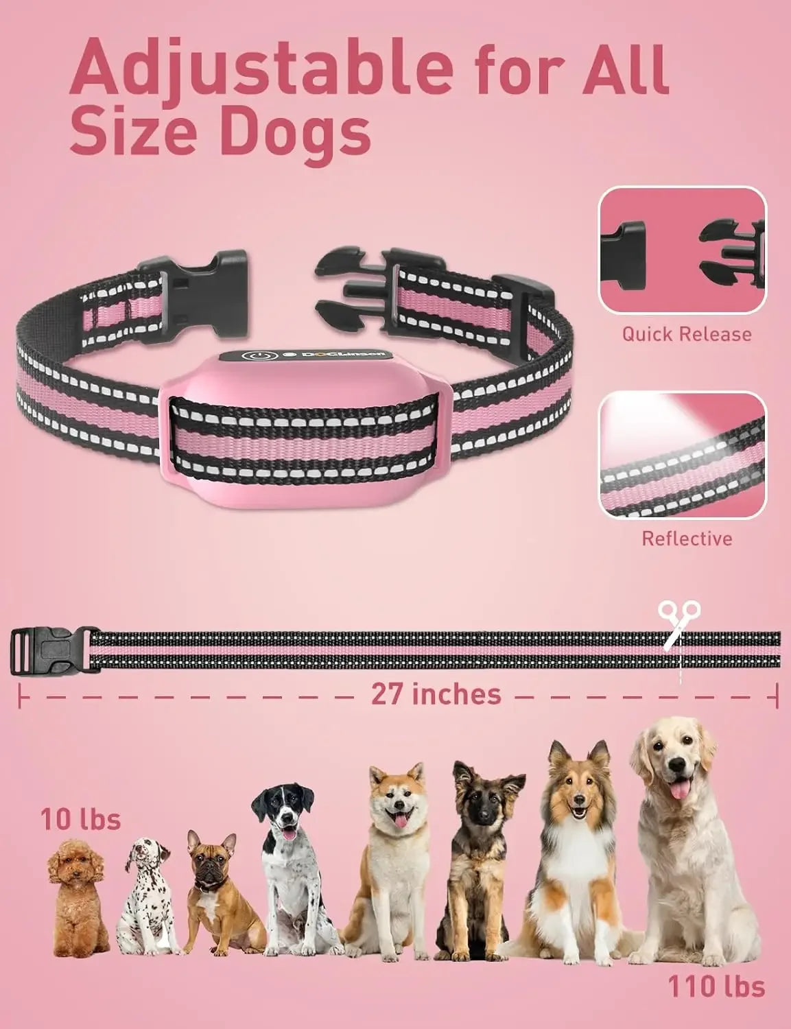 Pink adjustable dog training collar shown with various sized dogs for demonstration.