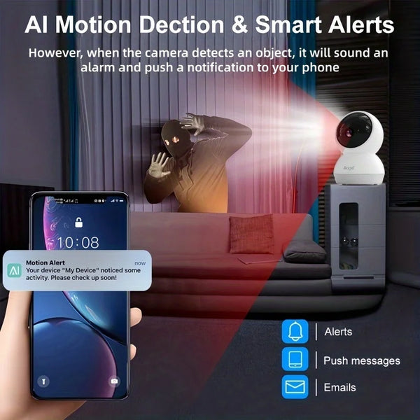 A hand holds a smartphone showing a motion alert notification while an AI security camera is visible in the background.