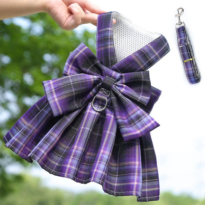 Purple plaid dog dress-up harness with matching fabric and clip