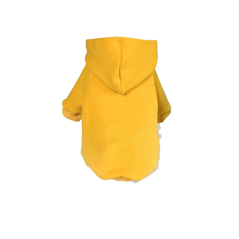 A solid yellow hoodie with a hood and short sleeves for a dog.