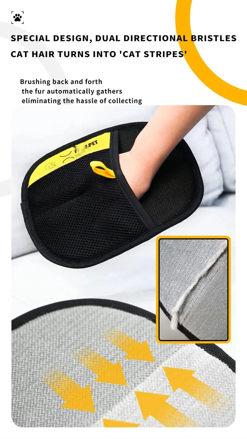 Black pet hair remover gloves with dual bristles shown next to a gray fabric surface