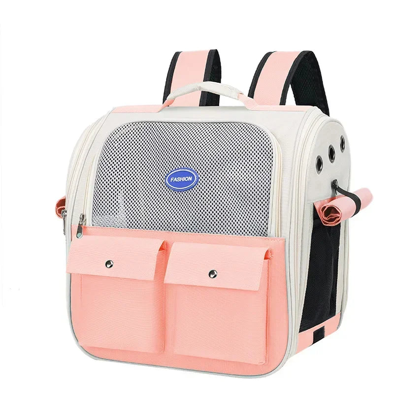 A light pink and black ventilated cat carrier backpack with adjustable straps.