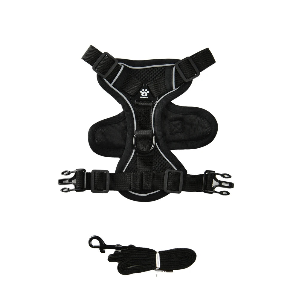 Black reflective adjustable dog and cat harness with leash