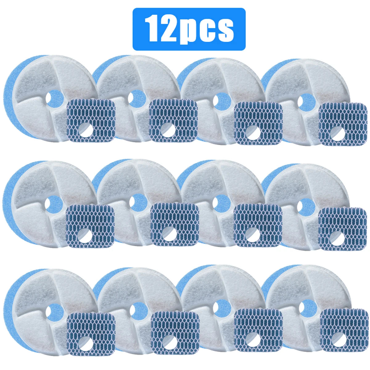 Twelve replacement filters for a 2.2L stainless steel cat water fountain, shown in various shades of gray and blue.