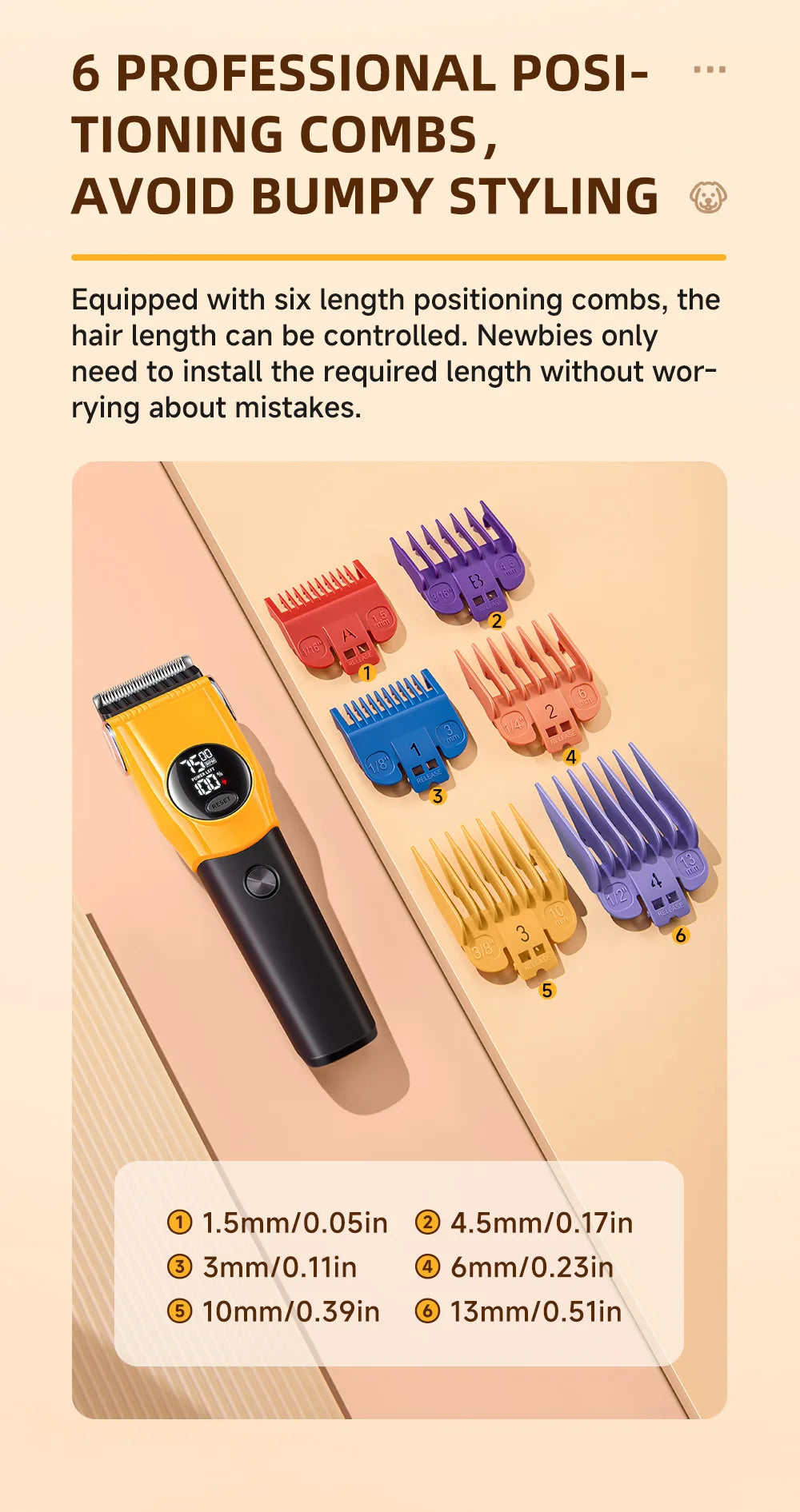 Eine Sammlung von sechs Länge-Positionierkämme für einen Haartrimmer, verschiedene Größen und Farben zeigt.